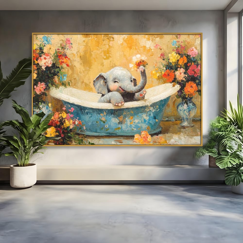 Tablou canvas cu tablou canvas cu pui de elefant in cada, in rama de aluminiu auriu